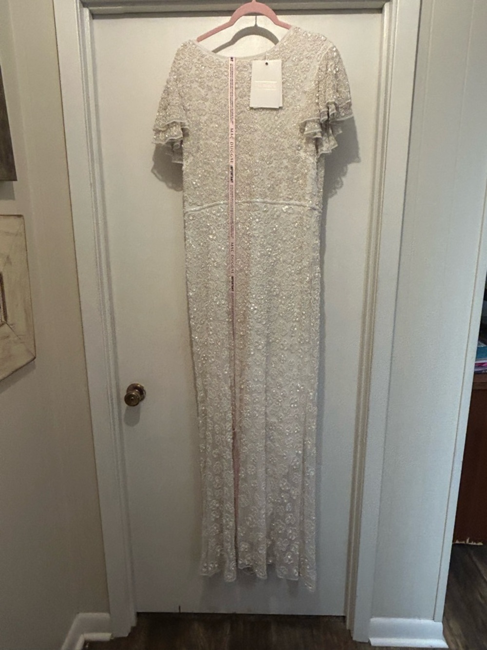Mac Duggal Ivory Beaded Ruffle Sleeve Maxi Dress